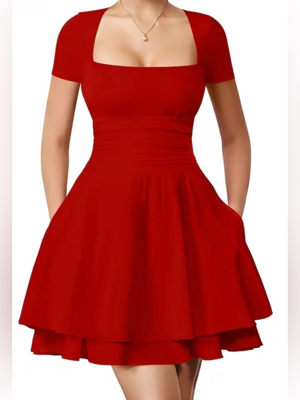 NWT OYS Size Medium Red Square Neck Mini Dress Shirt‎ Sleeve Formal Fit Flare
